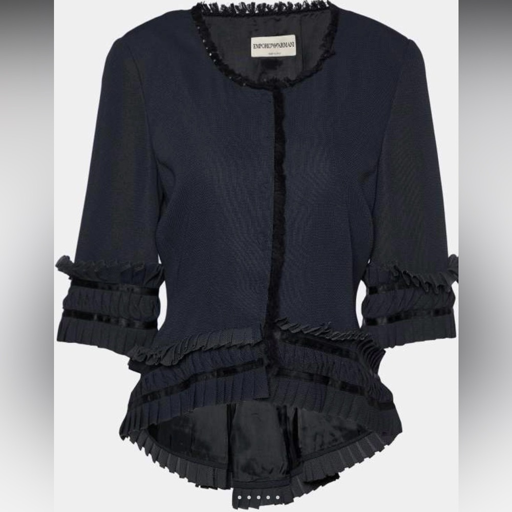 Vintage Emporio Armani Black Georgette Ruffle
Detail Button Front Jacket Size 42